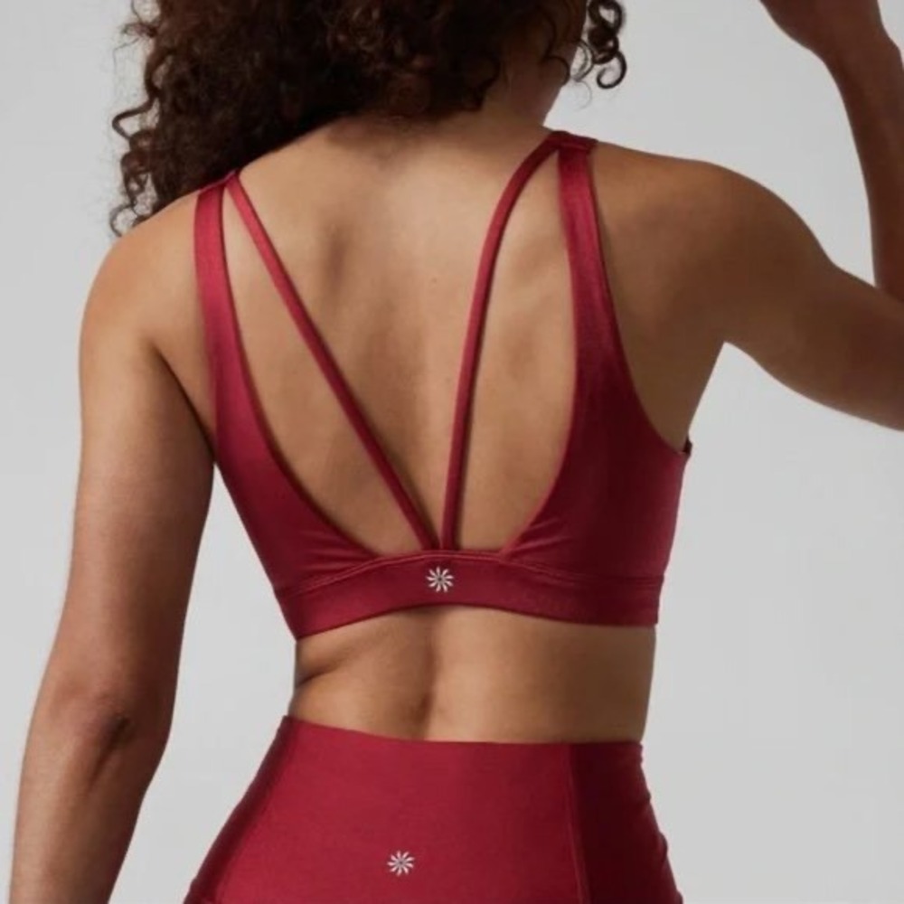 Athleta Exhale Shine Red/Burgundy Strappy Open Back Square Neck Sports Bra XL